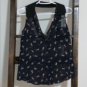 Sheer button down sleeveless blouse with horses
